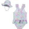 Tie-Dye Dotted One-piece Swim And Hat Set, Blue - One Pieces - 2