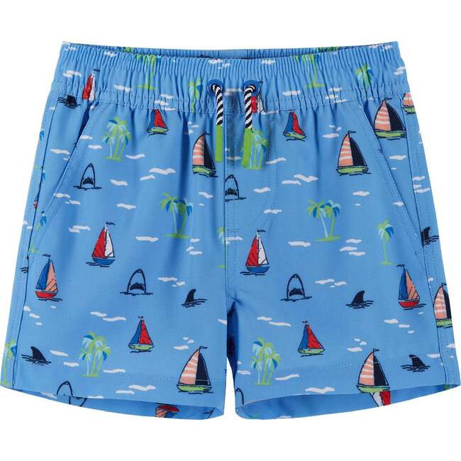 Stretch Sailboat Shark Board Short, Blue - Swim Trunks - 1