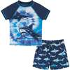 Short Sleeve Tie-Dye Shark Rashguard Swim Set, Blue - Mixed Apparel Set - 1 - thumbnail