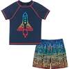 Short Sleeve Rocket Rashguard Swim Set, Navy - Mixed Apparel Set - 1 - thumbnail