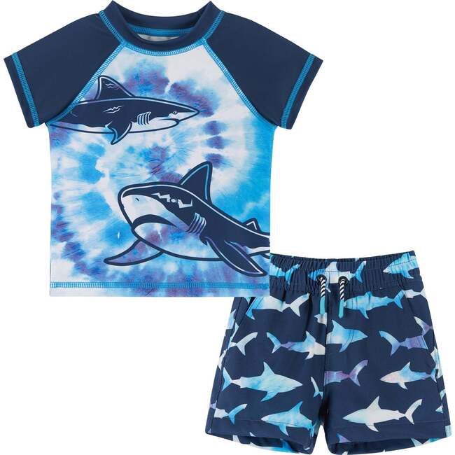 Short Sleeve Tie-Dye Shark Rashguard Swim Set