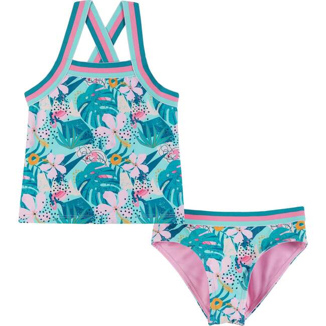 Reversible Tropical Print Two-Piece Swim Suit, Green And Pink