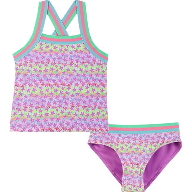 Reversible Tropical Star Fish Print Two-Piece Swim Suit, Green And Pink