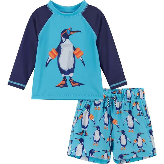 Long Sleeve Penguin Rashguard Swim Set, Aqua