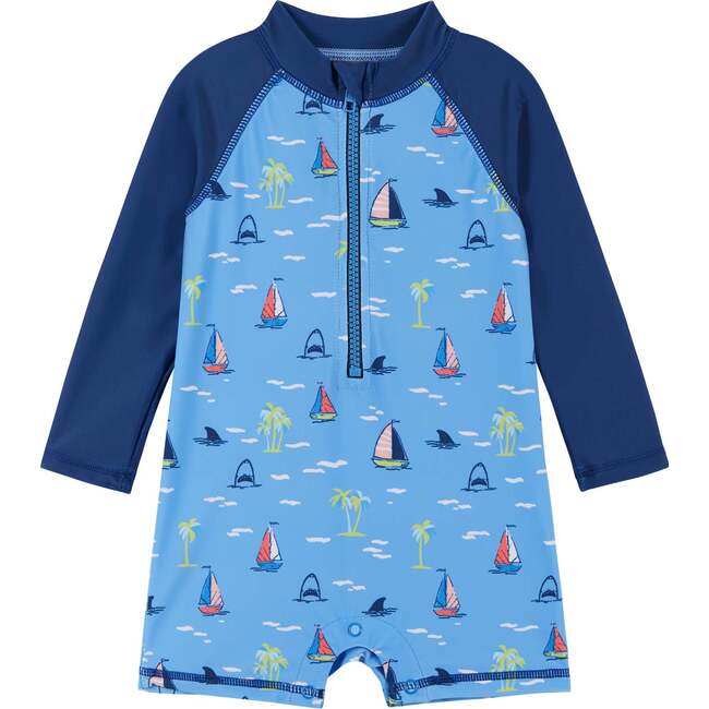 Sailboat Shark Swim Romper, Blue - Mixed Apparel Set - 3