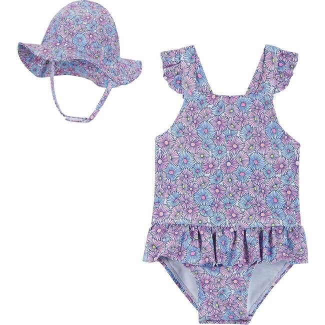 Daisy One-Piece Swim & Hat Set, Purple - One Pieces - 1