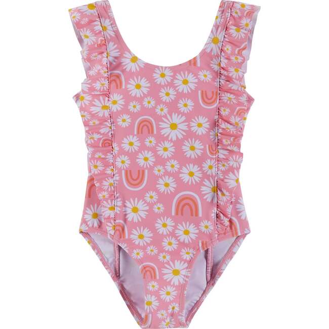 Daisy & Rainbows Ruffle One-Piece Swim Suit, Pink - One Pieces - 1