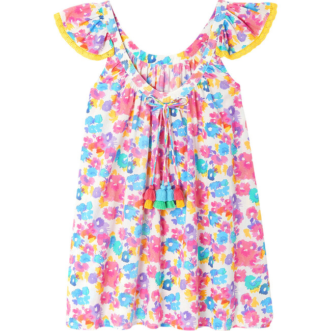 Gardenia Floral Print Summer Short Dress With Frills, Multicolors