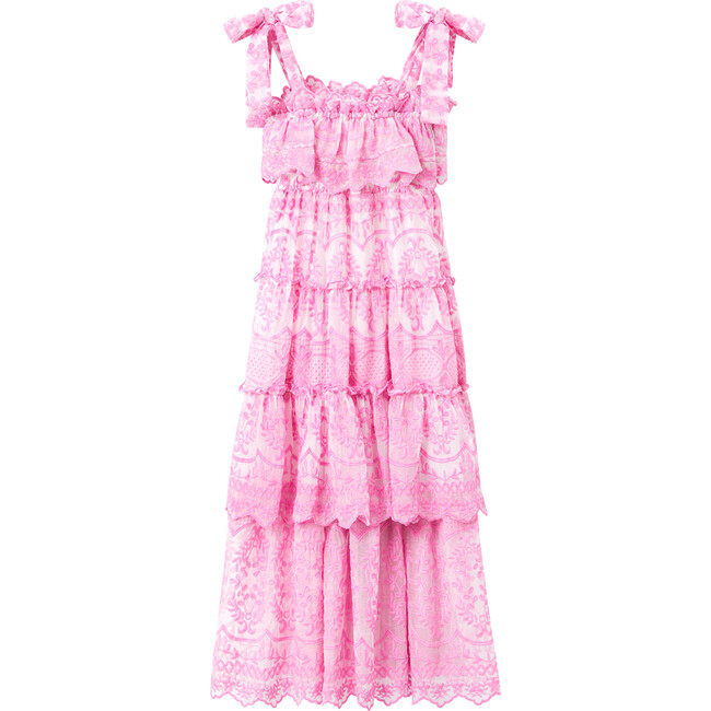 Amelie Tiered Frills Embroidered Dress With Tie Straps, Pink