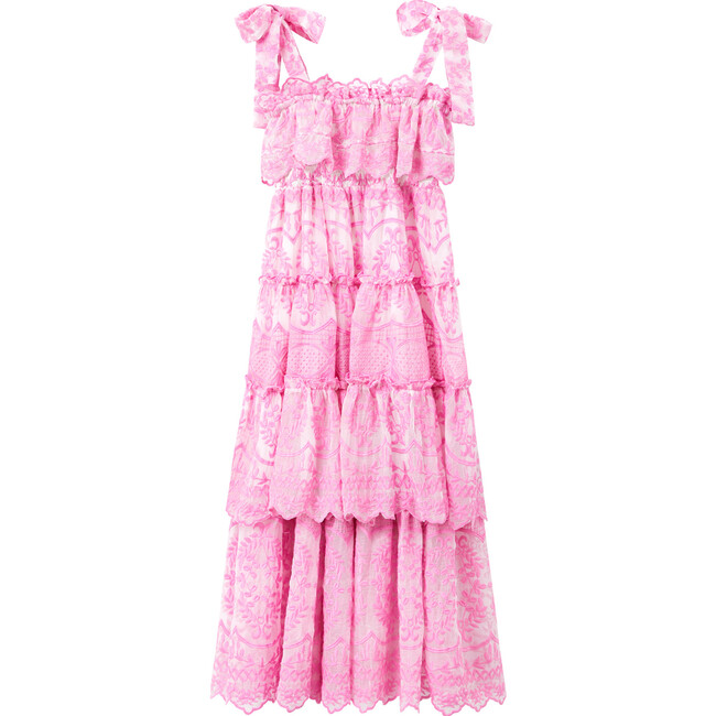 Amelie Tiered Frills Embroidered Dress With Tie Straps, Pink - Dresses - 3