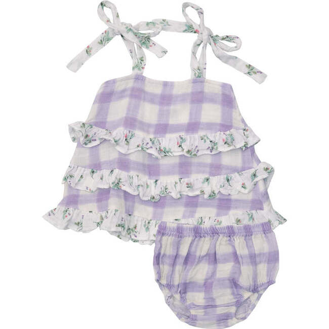 Lavender Rose Gingham Tiered Sundress W/ Back Smocking & Diaper Cover - Dresses - 1
