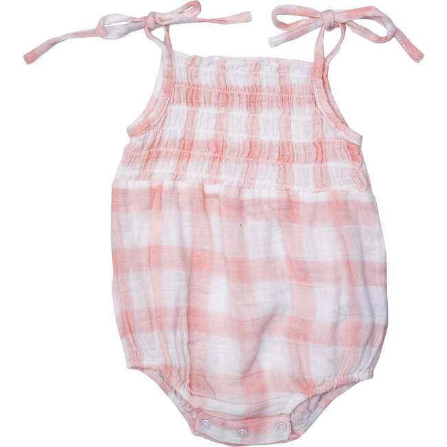Painted Gingham Pink Tie Strap Smocked Bubble - Rompers - 1