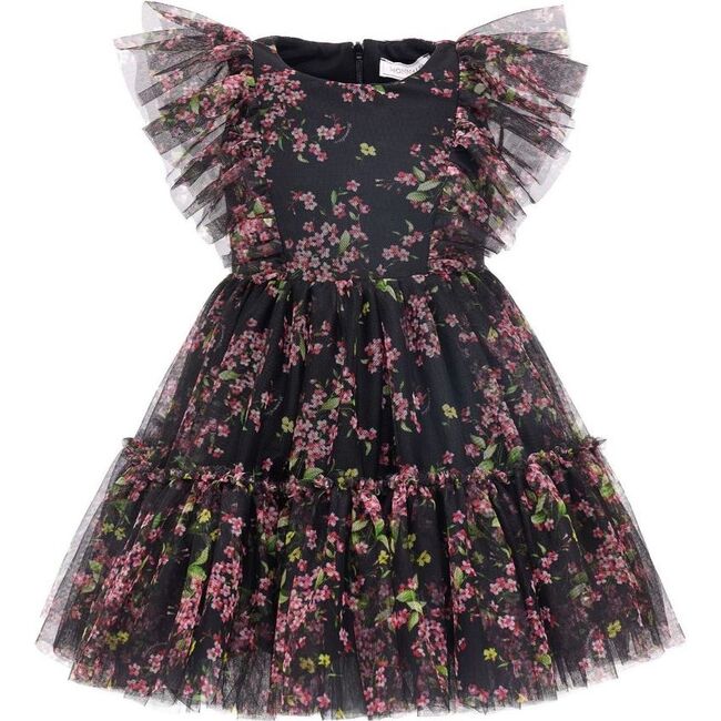 Floral Ruffle-Trimmed Bodice Tulle Dress, Black