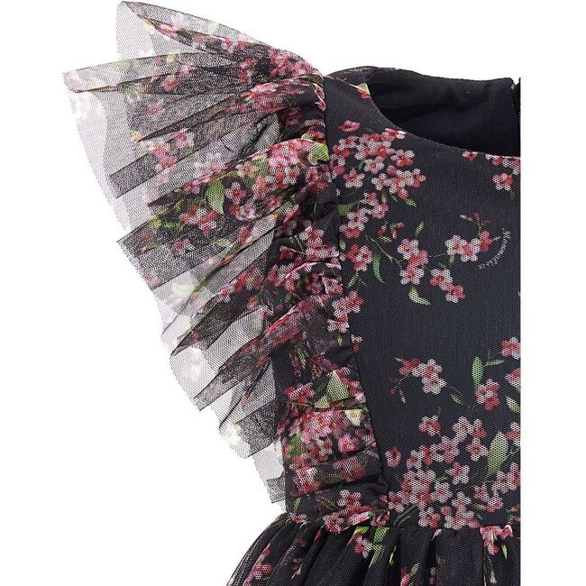Floral Ruffle-Trimmed Bodice Tulle Dress, Black - Dresses - 2