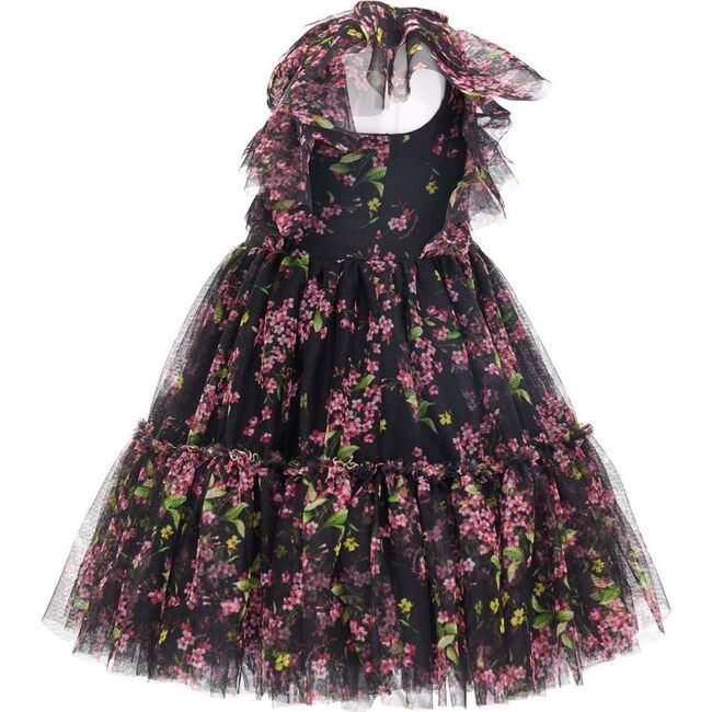 Floral Ruffle-Trimmed Bodice Tulle Dress, Black - Dresses - 3