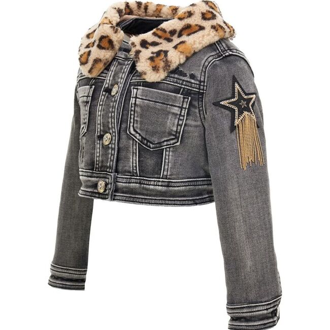 Denim Leopard Collar Jacket, Grey - Jackets - 4