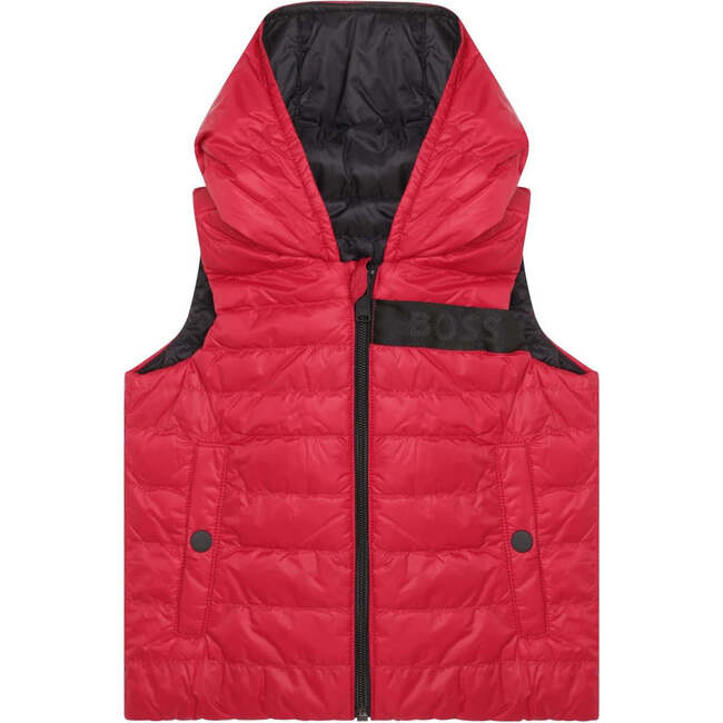Reversible Sleeveless Puffer Jacket, Bright Red And Dark Navy