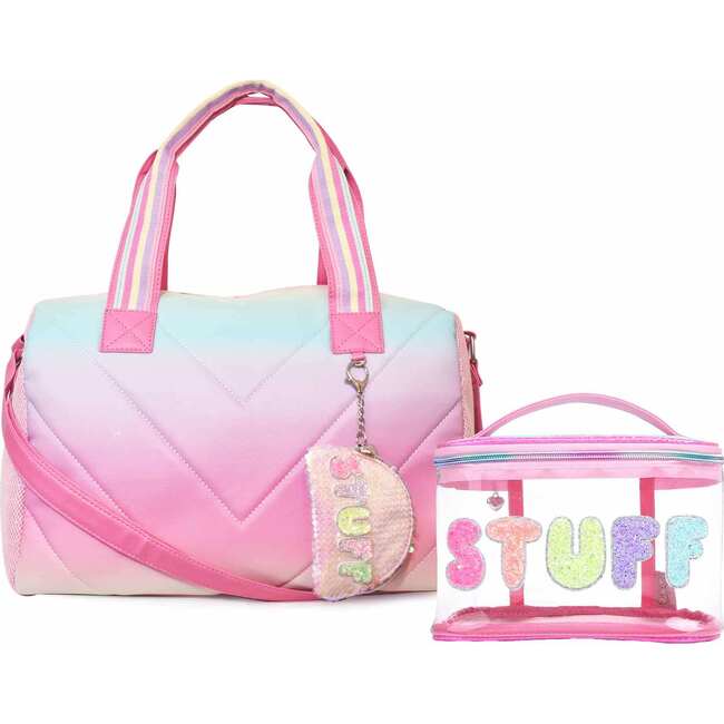 Ombre Chevron Duffle Bag And Stuff Clear Train Case Set, Bubble Gum - Bags - 1