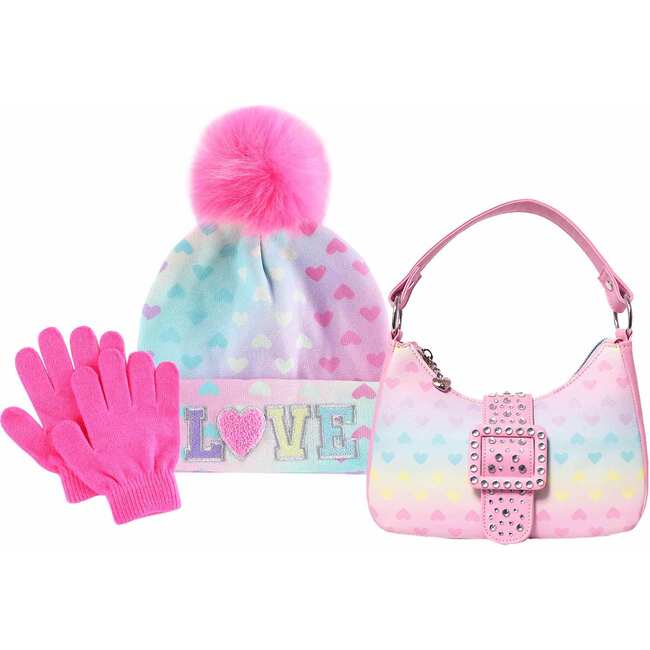 Ombre Heart Print Love Hat And Gloves And Mini Hobo Set, Pink - Mixed Accessories Set - 1