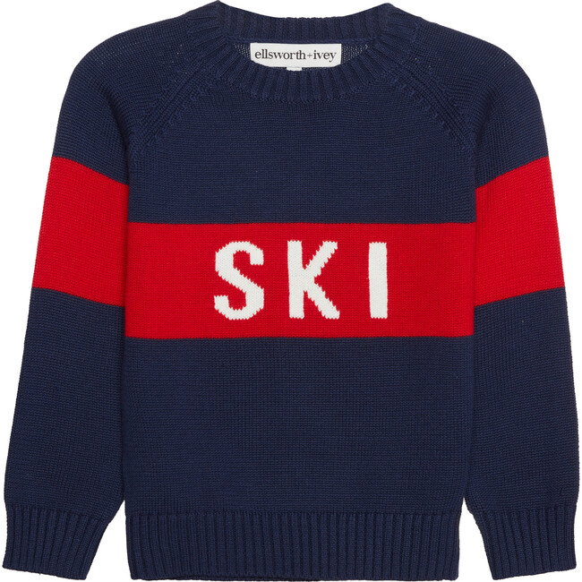 Block 'SKI' Long Sleeve Sweater, Navy/ Red