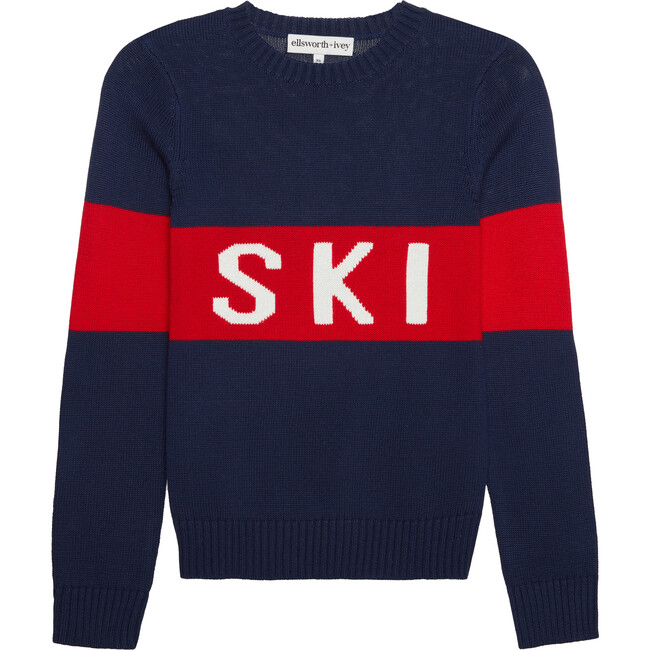 Women's Block 'SKI' Long Sleeve Sweater, Navy/ Red