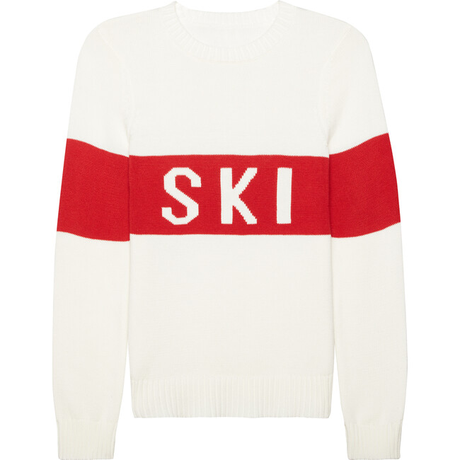 Women's Block 'SKI' Long Sleeve Sweater, White/ Red