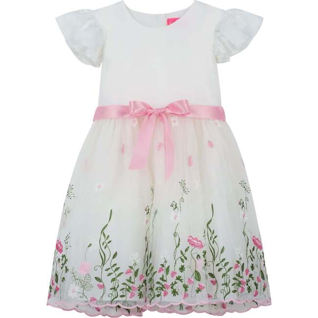 Garden Floral Ruffle Sleeve Party Dress, White And Pink