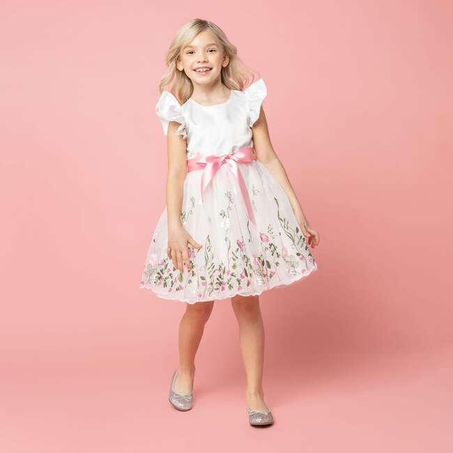Garden Floral Ruffle Sleeve Party Dress, White And Pink - Dresses - 3