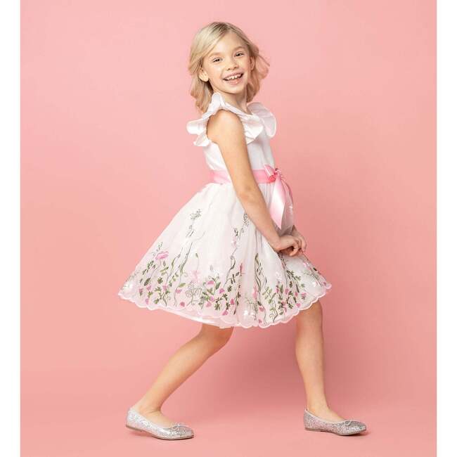 Garden Floral Ruffle Sleeve Party Dress, White And Pink - Dresses - 4