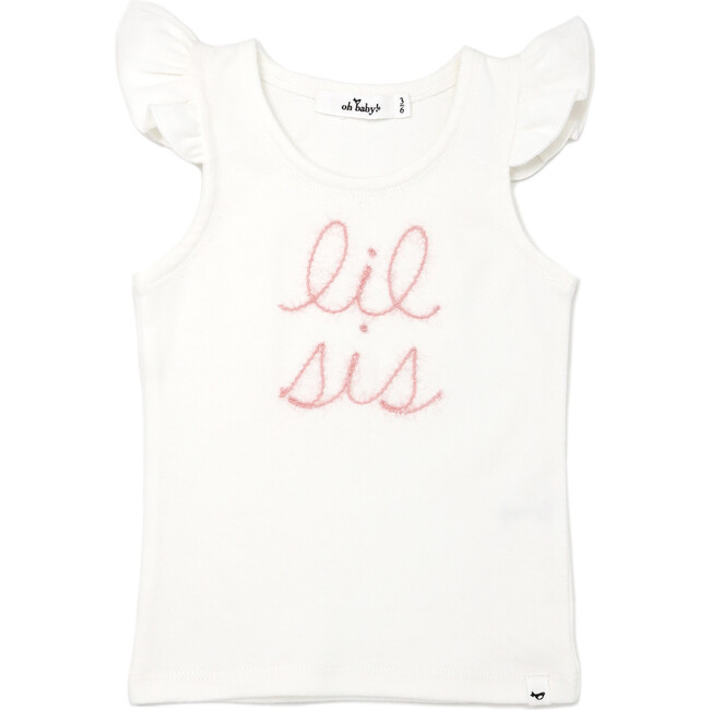 "lil sis" Embroidered Cotton Baby Rib Full Sleeve Tank, Cream And Pink
