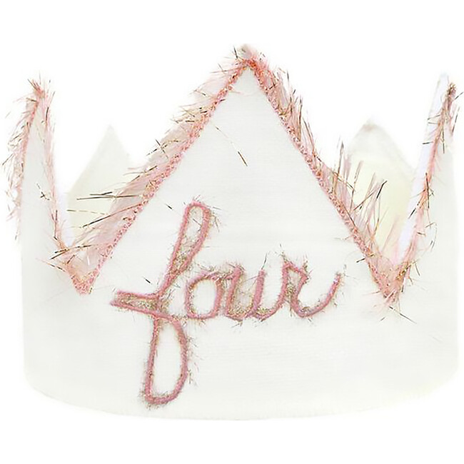 "Four" Linen Crown With Eyelash Trim, Oyster And Gold