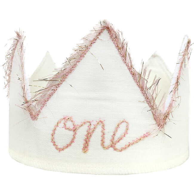 "One" Linen Crown With Eyelash Trim, Oyster And Pink