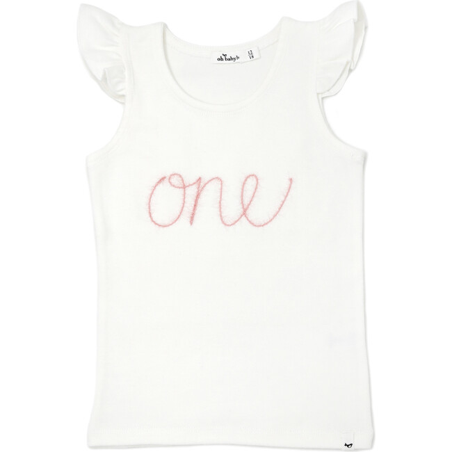 "One" Embroidered Cotton Rib Full Sleeve Tank, Cream And Pink