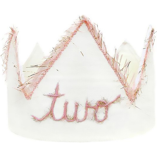 "Two" Linen Crown With Eyelash Trim, Oyster And Pink