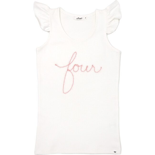 "Four" Embroidered Cotton Rib Full Sleeves Tank, Cream And Pink - Shirts - 1
