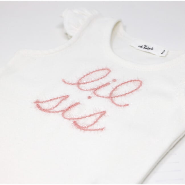 "lil sis" Embroidered Cotton Baby Rib Full Sleeve Tank, Cream And Pink - Shirts - 2