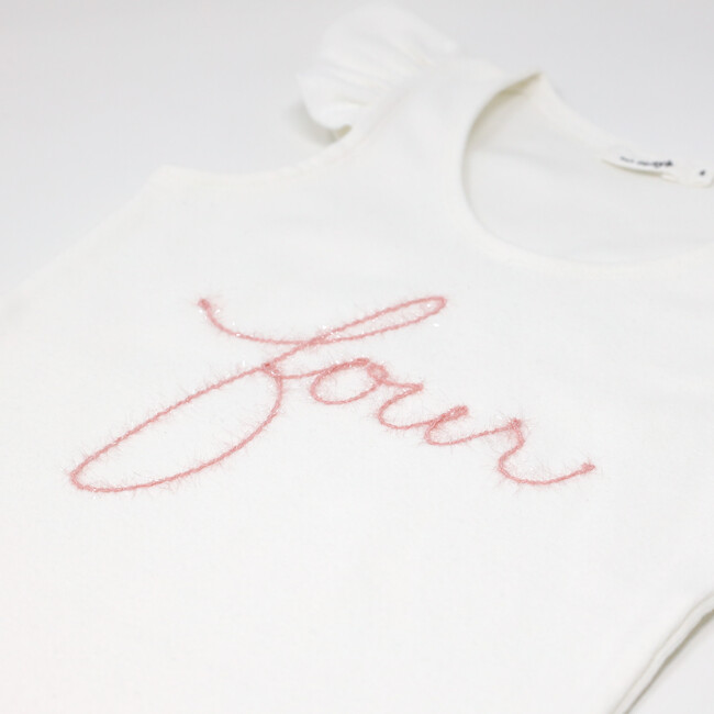 "Four" Embroidered Cotton Rib Full Sleeves Tank, Cream And Pink - Shirts - 2