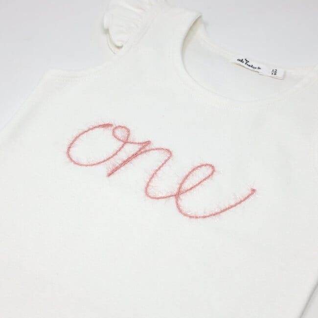 "One" Embroidered Cotton Rib Full Sleeve Tank, Cream And Pink - Shirts - 2