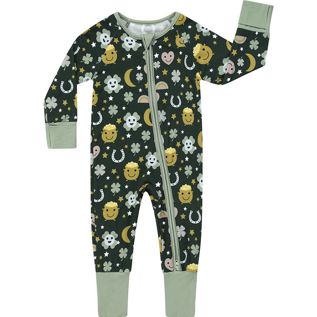 Lucky Charm St. Patricks Day Bamboo Pajama Convertible Footie Romper, Green - Bodysuits - 1