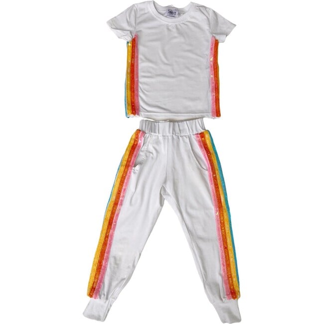 White Rainbow Sequin Jogger Set, White - Mixed Apparel Set - 5