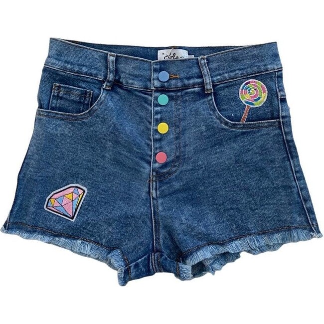 Rainbow Buttons Denim Shorts, Blue