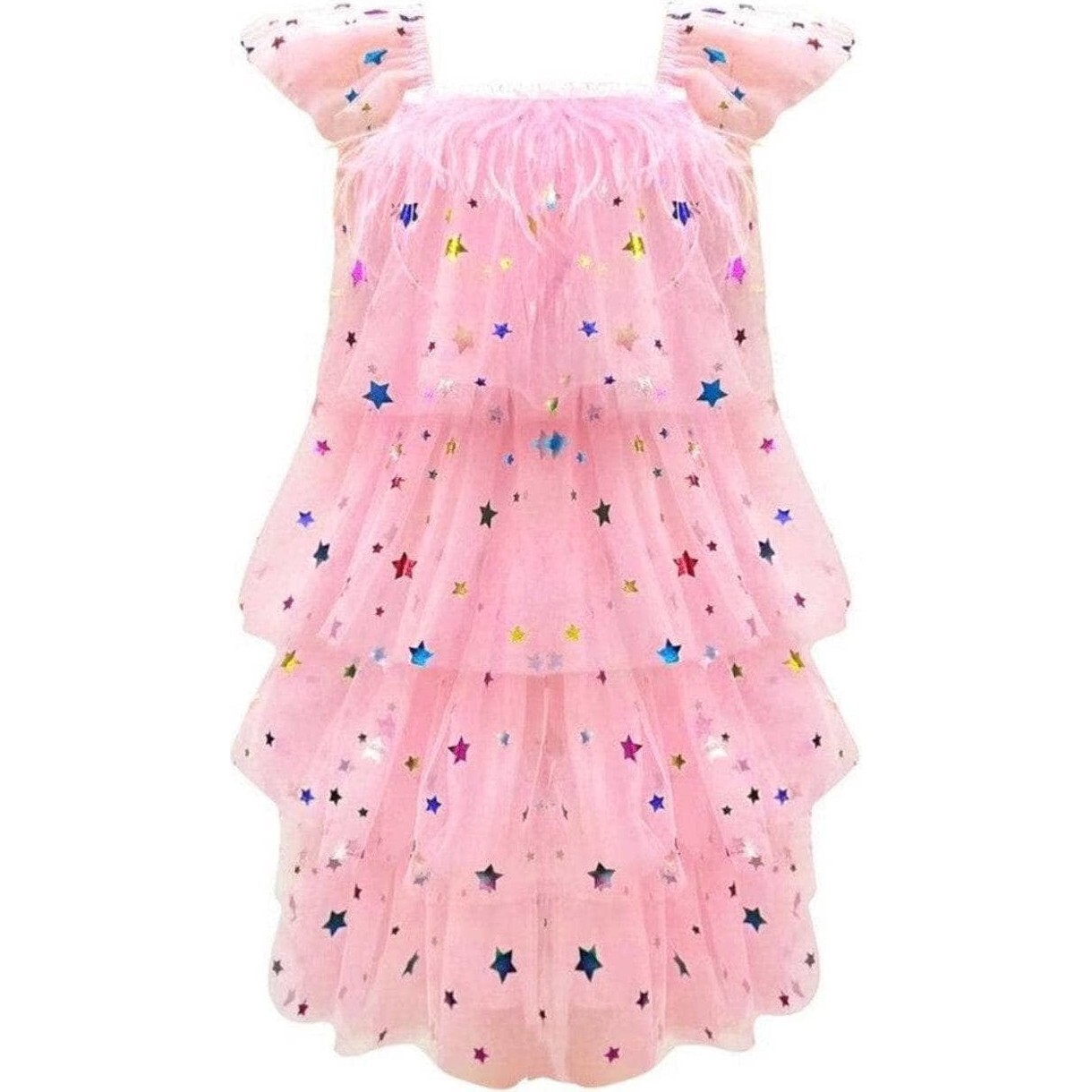 Feather Rainbow Stars Tulle Dress, Multicolors - Dresses - 1