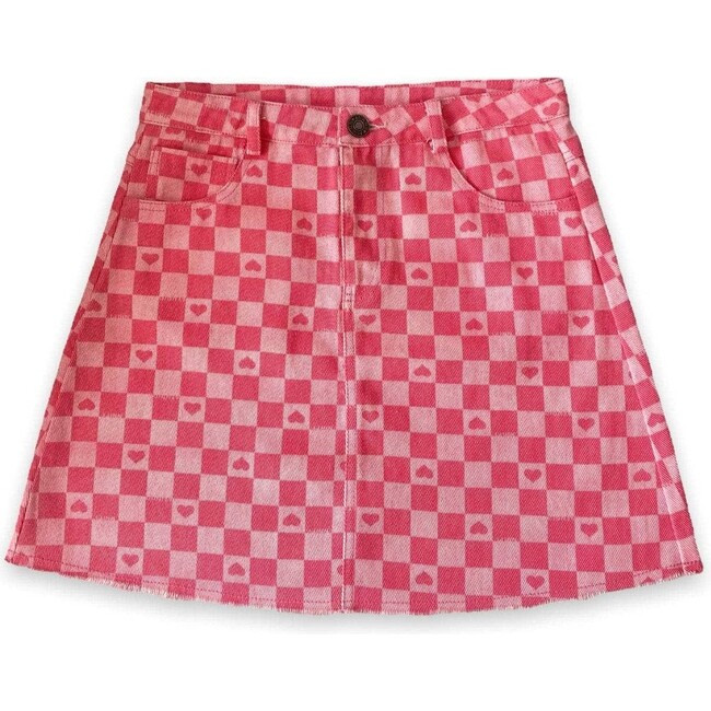 Checked Love Denim Skirt, Pink