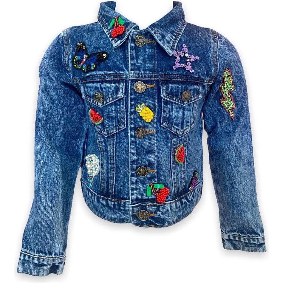 Beaded Crystal Fruit Crop Denim Jacket, Blue - Lola + The