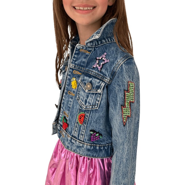 Beaded Crystal Fruit Crop Denim Jacket, Blue - Jackets - 2