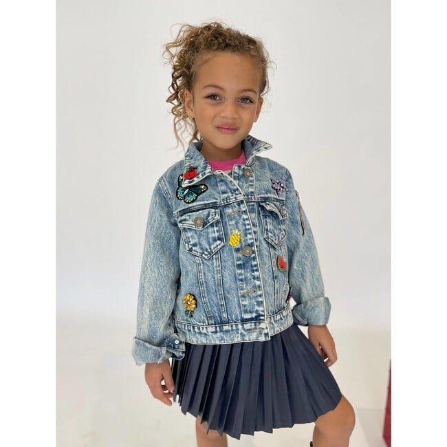 Beaded Crystal Fruit Crop Denim Jacket, Blue - Jackets - 3