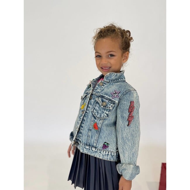 Beaded Crystal Fruit Crop Denim Jacket, Blue - Jackets - 4