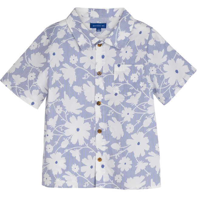 Oliver Button Front Shirt, Blue Striped Floral - Shirts - 1