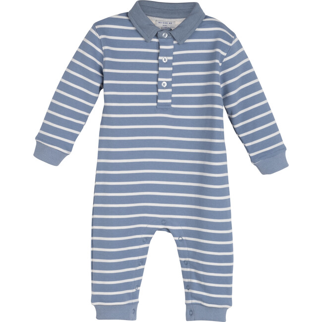 Baby Thatcher Polo Coverall, Dusty Blue & Cream Stripe - Rompers - 1