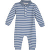 Baby Thatcher Polo Coverall, Dusty Blue & Cream Stripe - Rompers - 1 - thumbnail